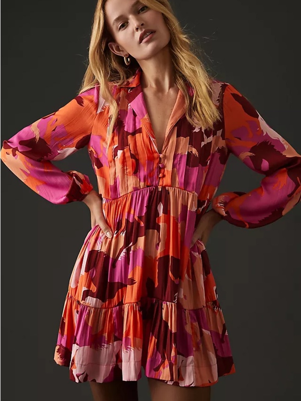 Mauve Bold Print Long-Sleeve Tiered Mini Dress - Orange & Pink